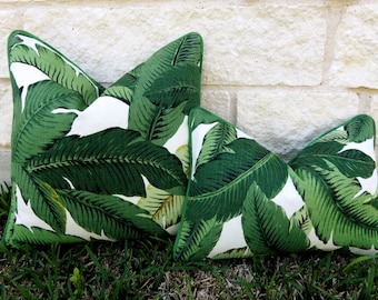 Green Tropical Pillow-Green and White Outdoor Pillow Cover-Tropical Leaf Pillow Cover- Palm Frond Pillow Cover-Tommy Bahama Swaying Palms