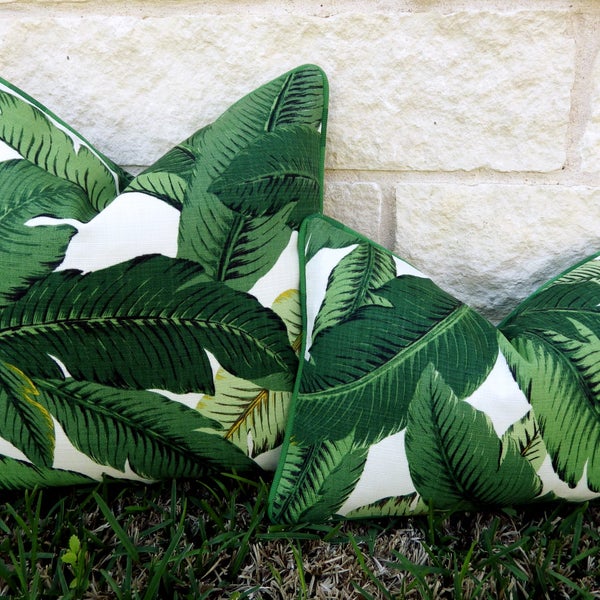 Green Tropical Pillow-Green and White Outdoor Pillow Cover-Tropical Leaf Pillow Cover- Palm Frond Pillow Cover-Tommy Bahama Swaying Palms