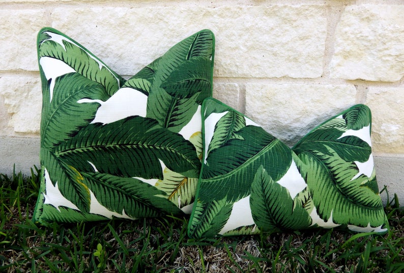 Green Tropical Pillow-Green and White Outdoor Pillow Cover-Tropical Leaf Pillow Cover Palm Frond Pillow Cover-Tommy Bahama Swaying Palms image 1