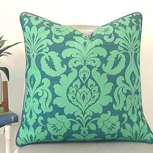 Blue and Green Damask grand millennial style Pillow cover