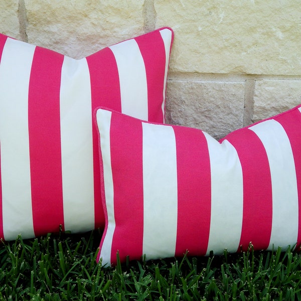 Hot Pink and White Stripe Outdoor Pillow Cover--Pink and White Pillow Cover- Pink Cabana Stripe Pillow Cover