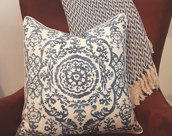 Blue White Medallion Print Pillow Cover- Thibaut Sansome Navy