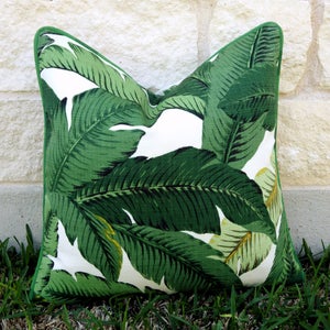 Green Tropical Pillow-Green and White Outdoor Pillow Cover-Tropical Leaf Pillow Cover Palm Frond Pillow Cover-Tommy Bahama Swaying Palms image 2