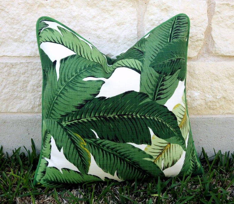 Green Tropical Pillow-Green and White Outdoor Pillow Cover-Tropical Leaf Pillow Cover Palm Frond Pillow Cover-Tommy Bahama Swaying Palms image 2