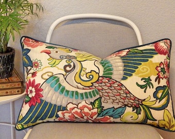 Lushan Garden Whimsical Pillow- Phoenix Bird Pillow- Teal-Multicolor--Chinoiserie