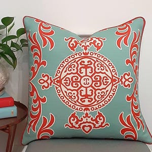 Aqua and Coral Thibaut Halie Chinoiserie Pillow Cover