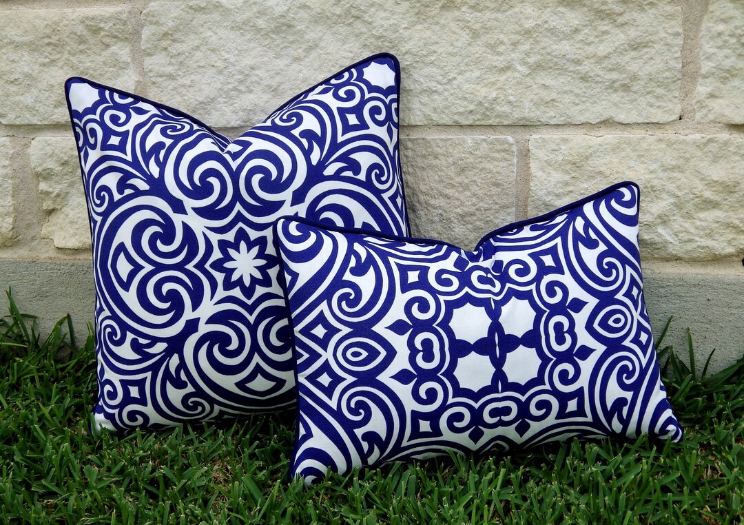 Blue and White Outdoor Pillow Cover Blue and White Medallion Print