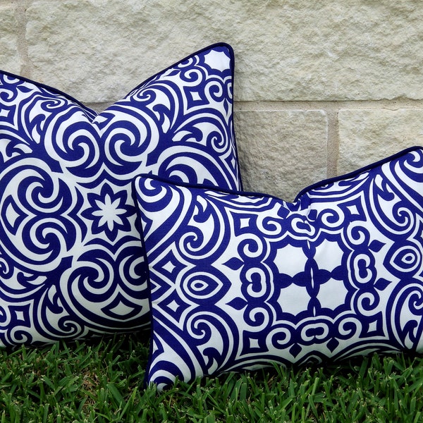 Blue and White Outdoor Pillow Cover - Blue and White Medallion Print Outdoor Pillow Cover --Boho Outdoor Pillow