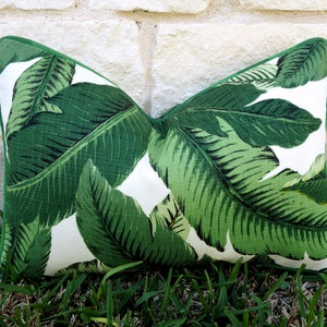 Green Tropical Pillow-Green and White Outdoor Pillow Cover-Tropical Leaf Pillow Cover Palm Frond Pillow Cover-Tommy Bahama Swaying Palms image 3