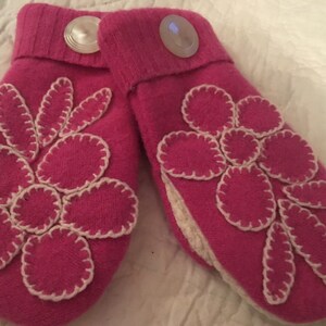 AA2  Bright pink felted wool hand embroidered lined with fleece  size small