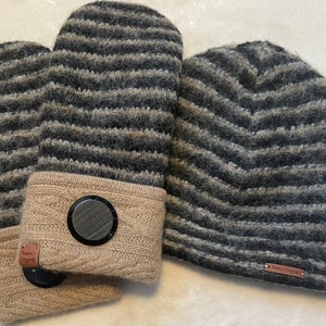 F1    Felted wool hat and mitten set    Lined with fleece  very thick and warm   Size large