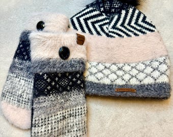 Conjunto de gorro e luvas em lã feltrada: forrado com lã polar, tamanho extra pequeno.