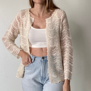 Sezane Style Vintage Hand Crocheted Wool Blend Scalloped Sheer White Ivory Open Cardigan Sweater Small