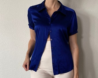 minimalist vintage button down large 90/'s blue silk blouse short sleeve collared shirt