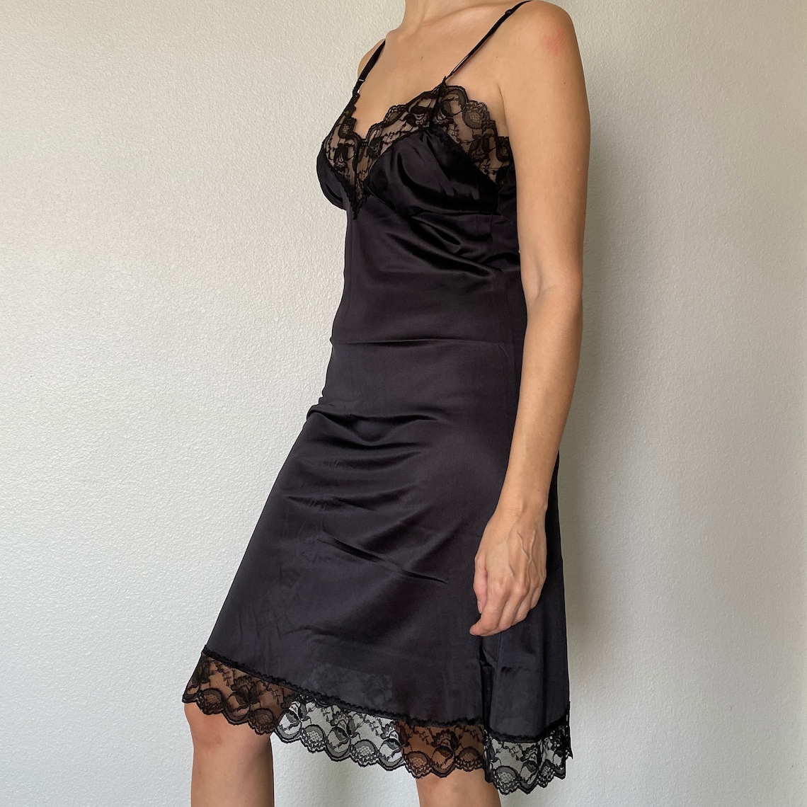 Vintage Black Nylon Lace Slip Dress Lingerie Nightie Medium | Etsy