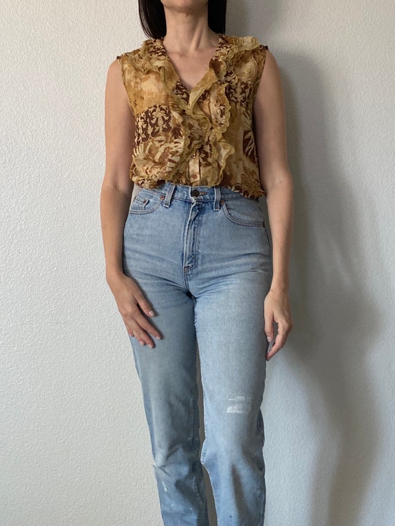 Vintage 90s Brown Beige Floral Sheer Blouse with … - image 2