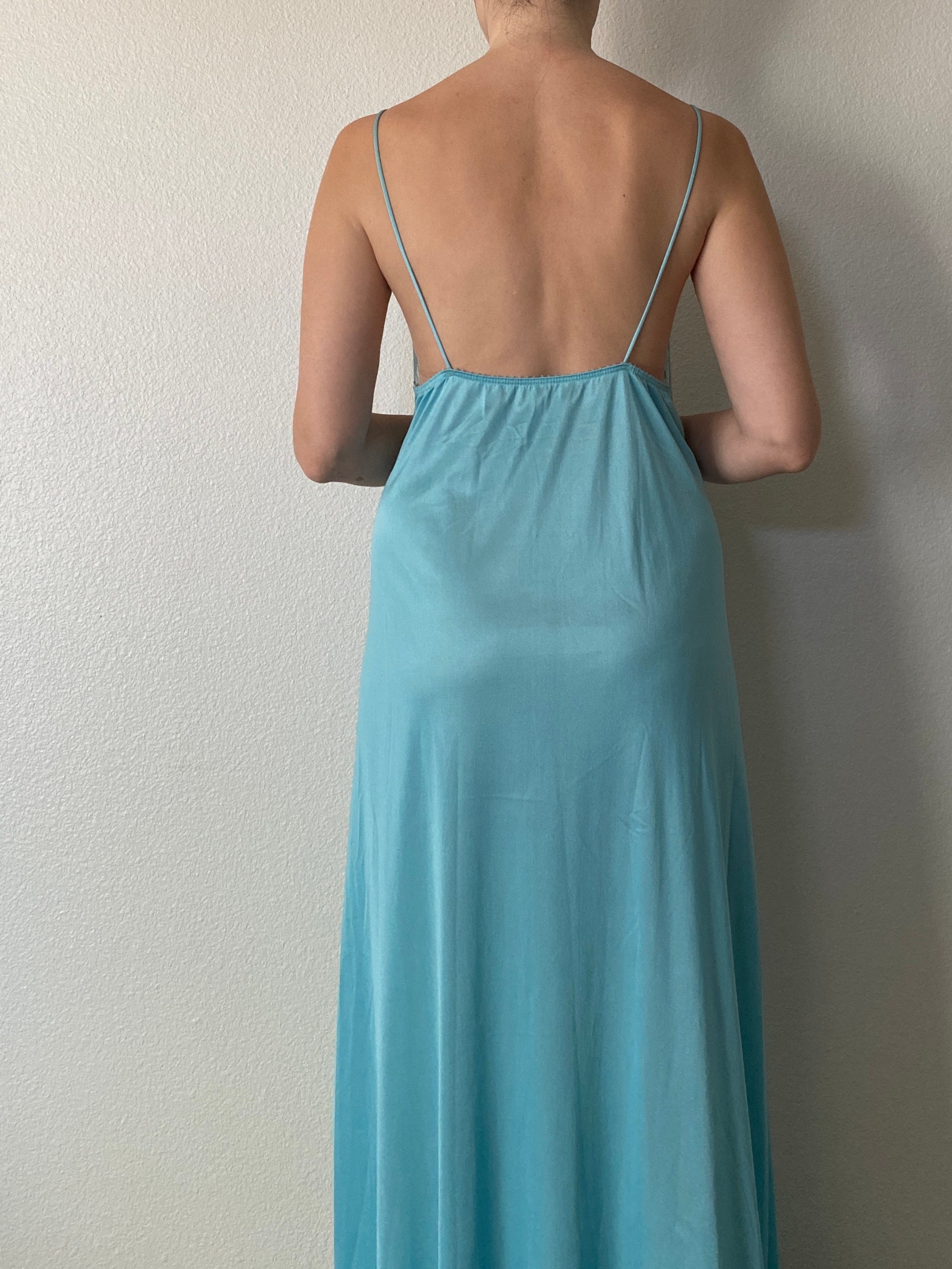 Vintage Nylon Nightgown Blue Cutout Lace Panel Long Full Etsy