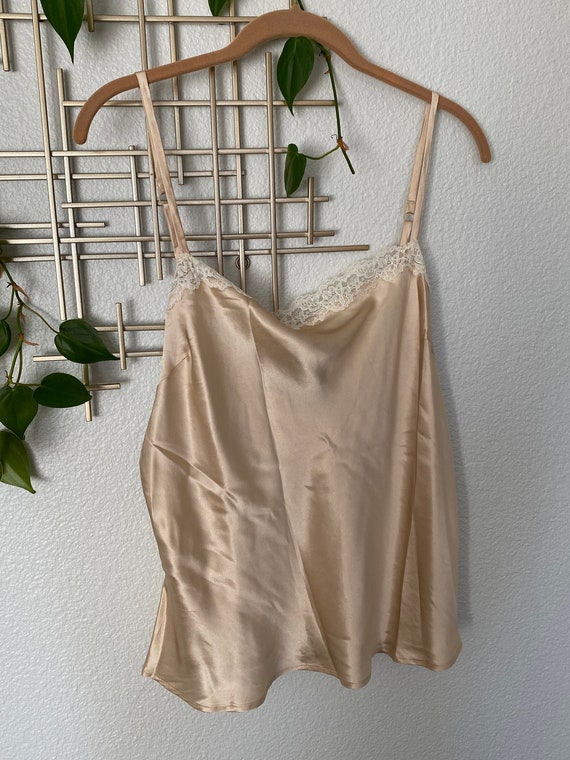 Vintage 100% Silk Charmeuse Nude Lace Camisole Tan
