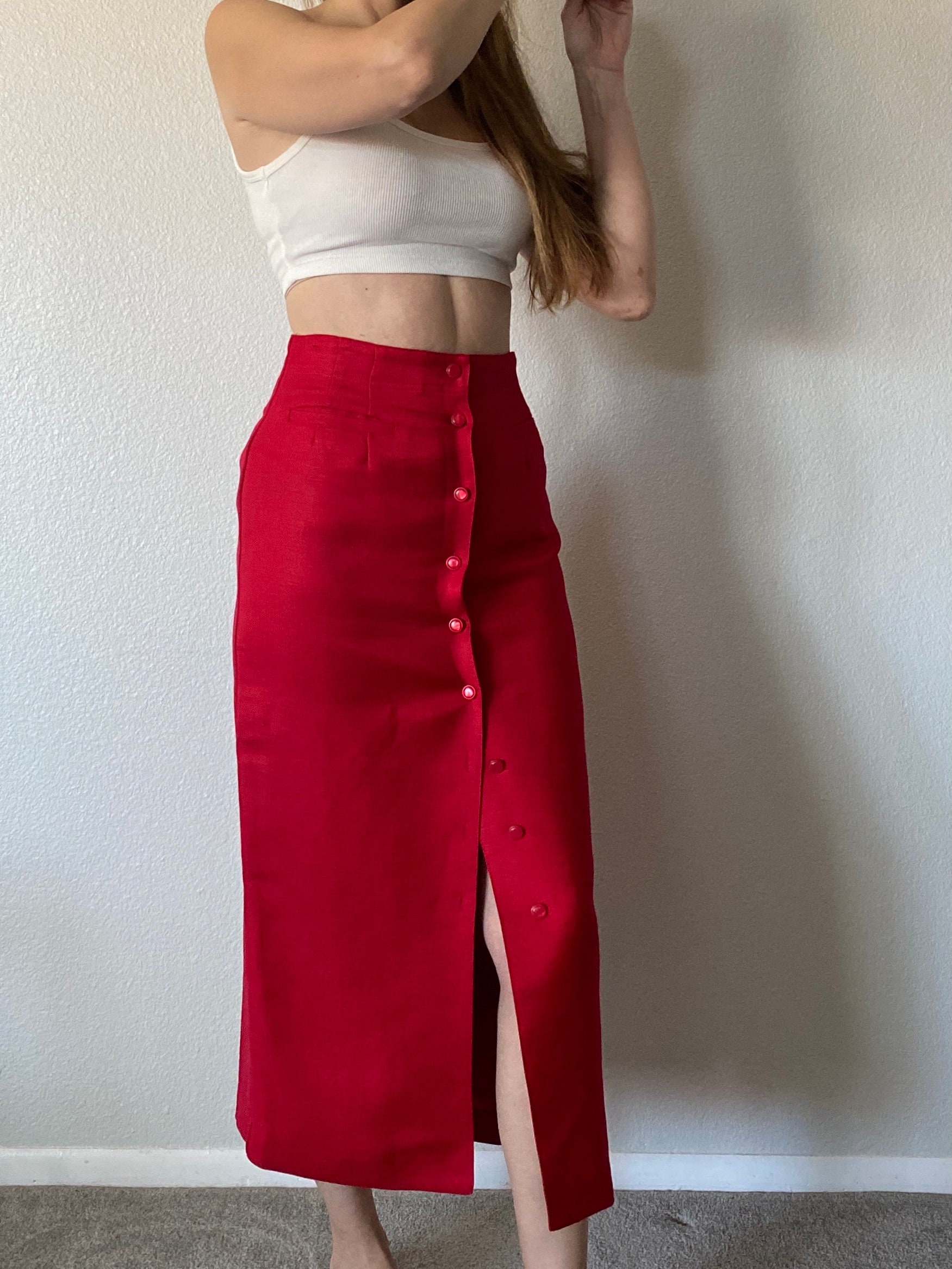 Linen Rayon Blend Red Button Down Midi Skirt Pencil Skirt Small Etsy
