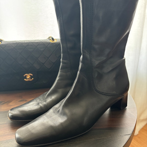 Vintage Cole Haan County Black Leather Boots Mid Calf Booties