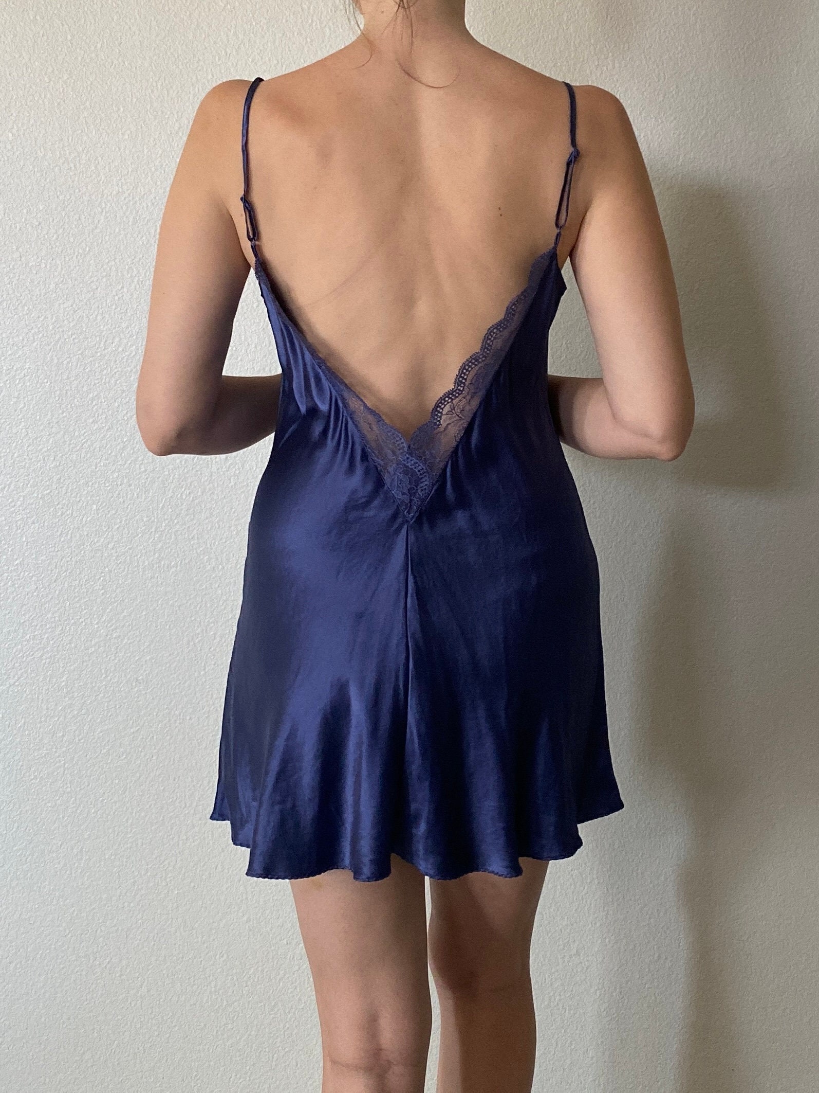 Vintage 100% Silk Victorias Secret Blue Lace Chemise Nightie Nightgown Slip  Medium 