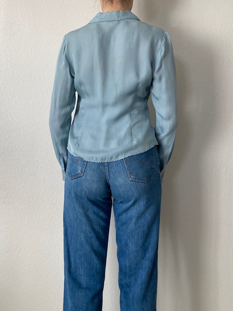 100/% Silk Light Blue Button Down Collared Blouse SM