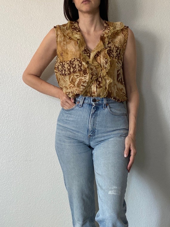 Vintage 90s Brown Beige Floral Sheer Blouse with … - image 1