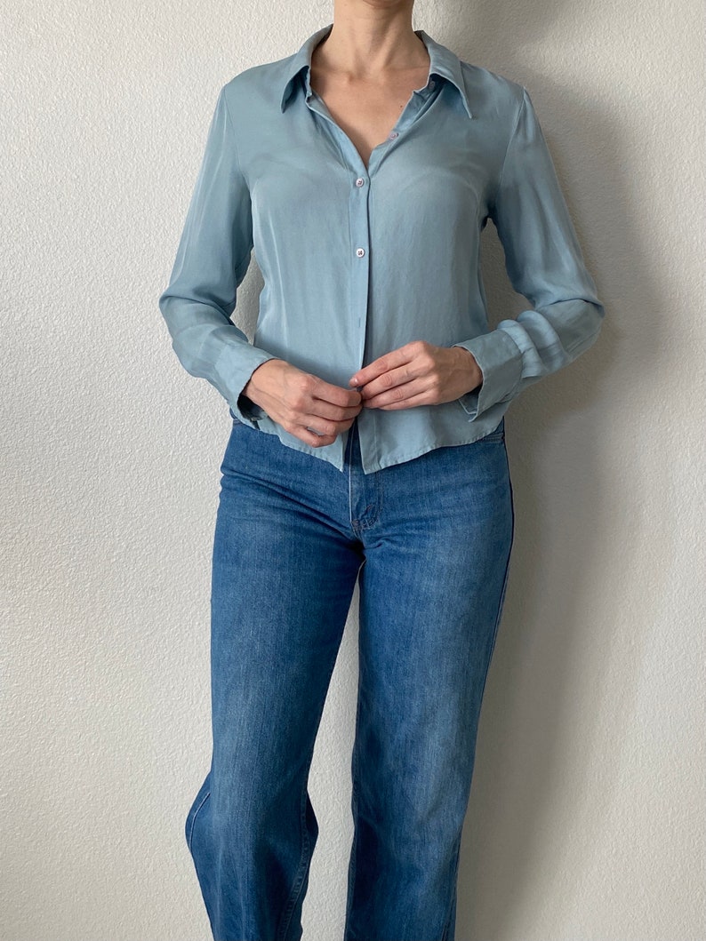 100/% Silk Light Blue Button Down Collared Blouse SM