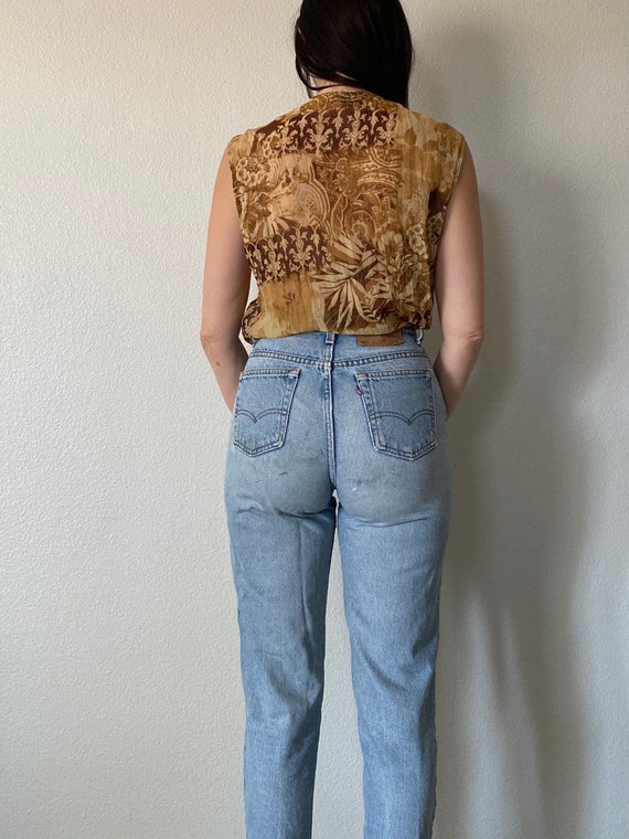 Vintage 90s Brown Beige Floral Sheer Blouse with … - image 5