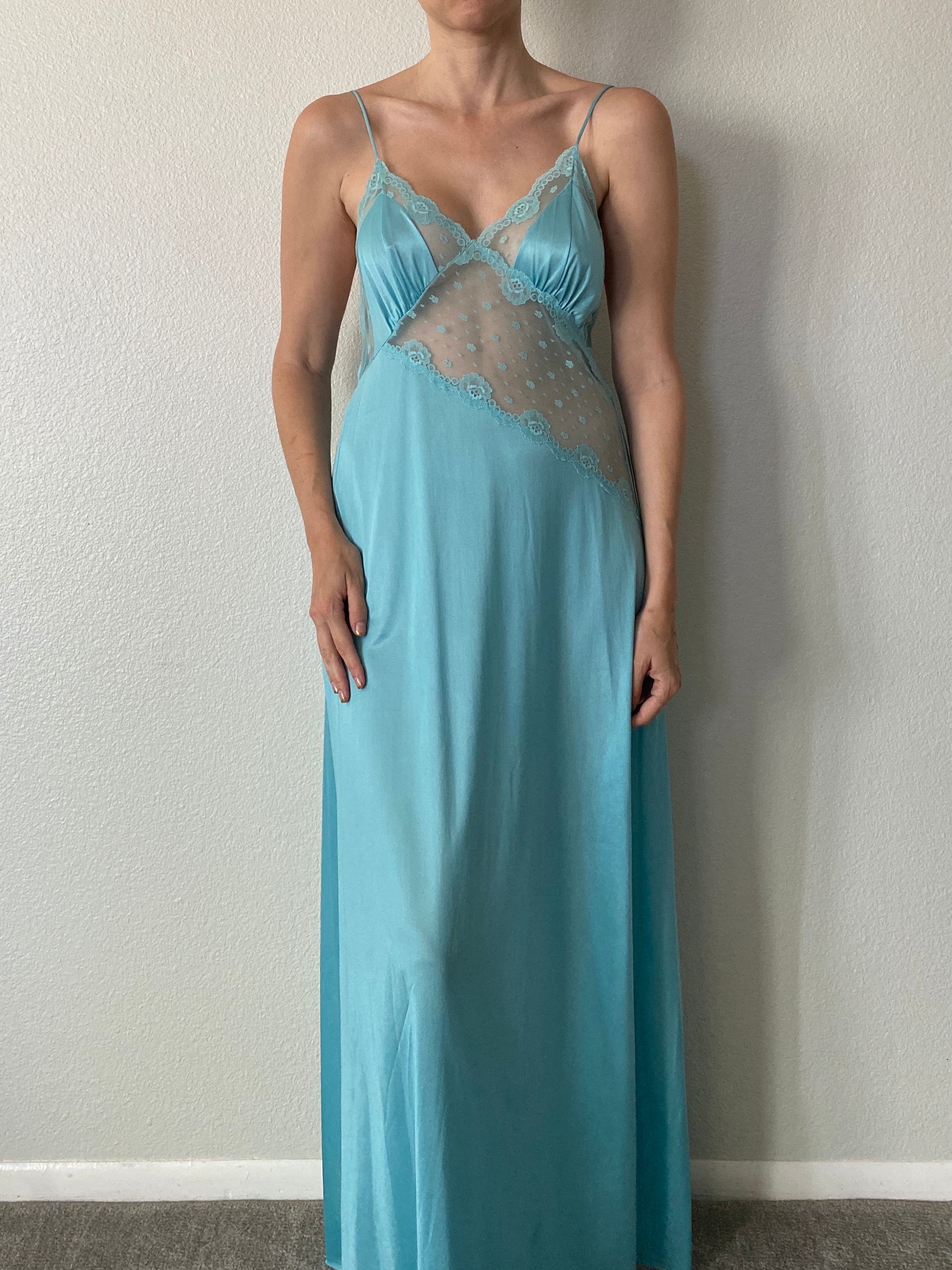 Vintage Nylon Nightgown Blue Cutout Lace Panel Long Full | Etsy
