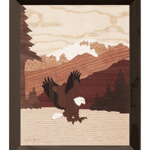 Eagle Fishing Colorado marquetry wood wall art scene.
