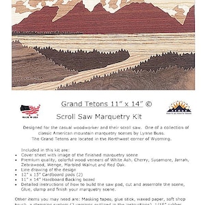 May include: Scroll saw marquetry kit of the Grand Tetons mountain range, featuring a detailed line drawing of the design, a cover sheet with an image of the finished marquetry scene, and a list of materials included in the kit. The kit includes premium quality wood veneers in various colors, including white ash, cherry, sycamore, jarrah, zebrawood, wenge, marbled walnut, and red oak. The kit also includes cardboard pads, a hardboard backing board, and detailed instructions on how to build the saw pad, cut and assemble the scene, glue, clamp, and finish the marquetry scene.