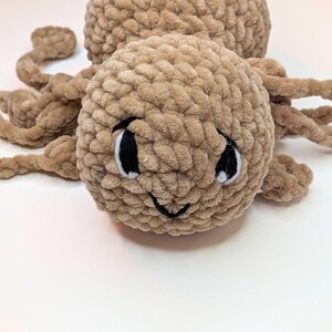 A close up of the face of a light brown fidget toy spider. They eyes have been embroidered with black yarn and white highlights added. There is also a small smile and some eyebrows that give the spider a plaintive look.