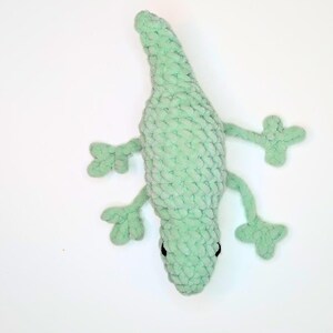 Top view of a mint green crochet lizard fidget toy.