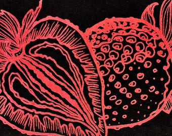 Screen-printed patch "Strawberries" on organic fabric, approx. 18 x 26 cm, 1 piece + mini strawberry patch, Liebewicht Advent Calendar 25