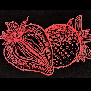 Siebdruck Aufnäher Patch "Erdbeeren" auf BioStoffen ca. 18x26cm 1Stk. + Miniaufnäher Erdbeeren liebewicht Adventskalender 25