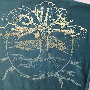 Könnte beinhalten: Ein goldenes Lebensbaum-Design auf einem dunkelblauen Stoffhintergrund. Der Baum hat Äste, die bis zu einer Wolke reichen, aus der Regentropfen fallen. Die Wurzeln des Baumes erstrecken sich nach unten bis zu einer wellenförmigen Linie, die das Wasser darstellt.