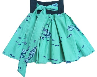 Organic pleated skirt with bow "Flying Fish" in turquoise