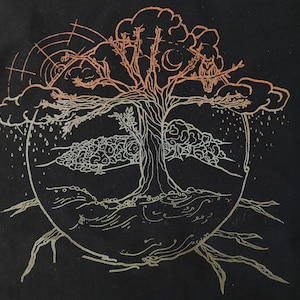 Pu&ograve; includere: Una borsa tote nera con un contorno bianco di un albero con radici, rami e foglie. L'albero &egrave; circondato da un cerchio con una nuvola e gocce di pioggia sopra.