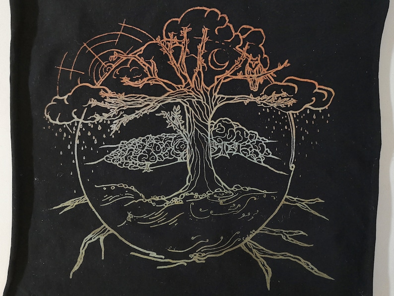Pu&ograve; includere: Una borsa tote nera con un contorno bianco di un albero con radici, rami e foglie. L'albero &egrave; circondato da un cerchio con una nuvola e gocce di pioggia sopra.