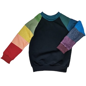 Könnte beinhalten: Ein schwarzes Sweatshirt mit regenbogenfarbenen Patchwork-Ärmeln. Die Ärmel bestehen aus verschiedenen Stoffen und Texturen, darunter Cord, Samt und Strick.