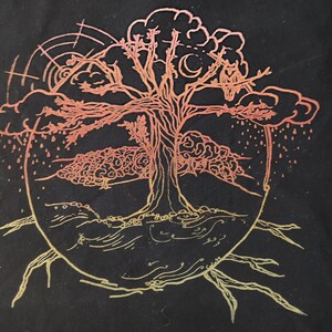 Pu&ograve; includere: Una borsa di tela nera con un'illustrazione colorata e dettagliata di un albero con una nuvola e pioggia. L'albero &egrave; delineato in oro e ha un gradiente di rosso, arancione e giallo.