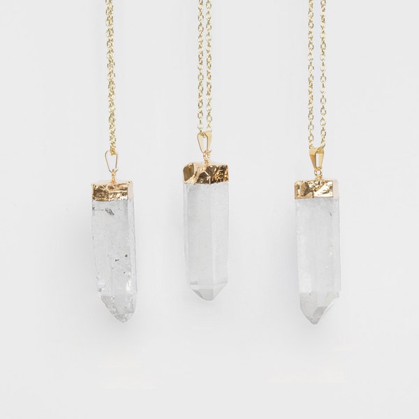 Large Quartz Crystal Necklace / gold plated raw quartz pendant necklace