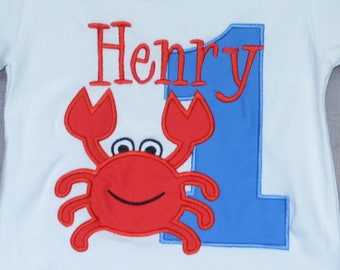Personalized Birthday Crab Applique Shirt or Bodysuit Girl or Boy