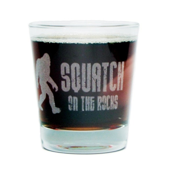 Bigfoot "Squatch on the Rocks" - Engraved Rocks Glass - 13 oz - Permanently Etched - Fun & Unique Gift!