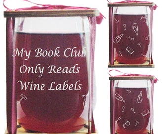 My Book Club Only Reads Wine Labels Stemless Wine Glass and Presentation Packaging