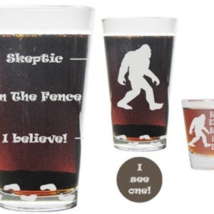 Bigfoot Sasquatch Drink &#39;Till You Believe - Engraved 16 oz Beer Glass and 1 oz Shot Boilermaker Set - Permanently Etched 360 Degrees Around