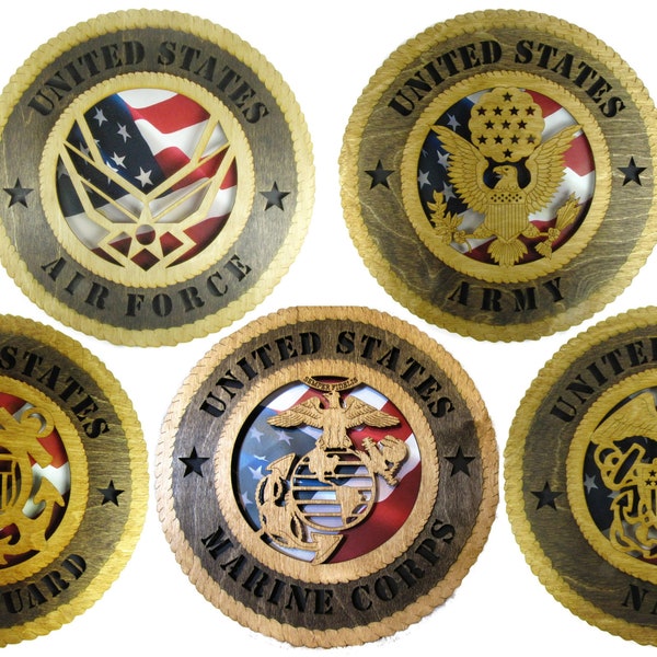 5 Branch Laser Cut Military 12" Wall Plaques with American Flag - Personalize Them!