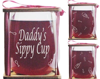 Daddy's Sippy Cup Stemless Wine Glass and Presentation Packaging