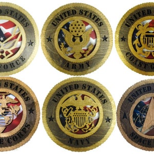 6 Branch Laser Cut Military 8" Wall Plaques with American Flag - Personalize Them!